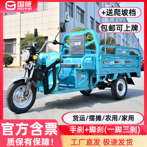 国威电动三轮车农用电瓶车拉货摆摊工程厂区搬运新款钢板车厢1米6