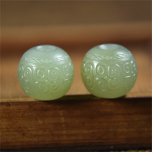 和田玉单珠回纹珠鸭蛋青玉散珠