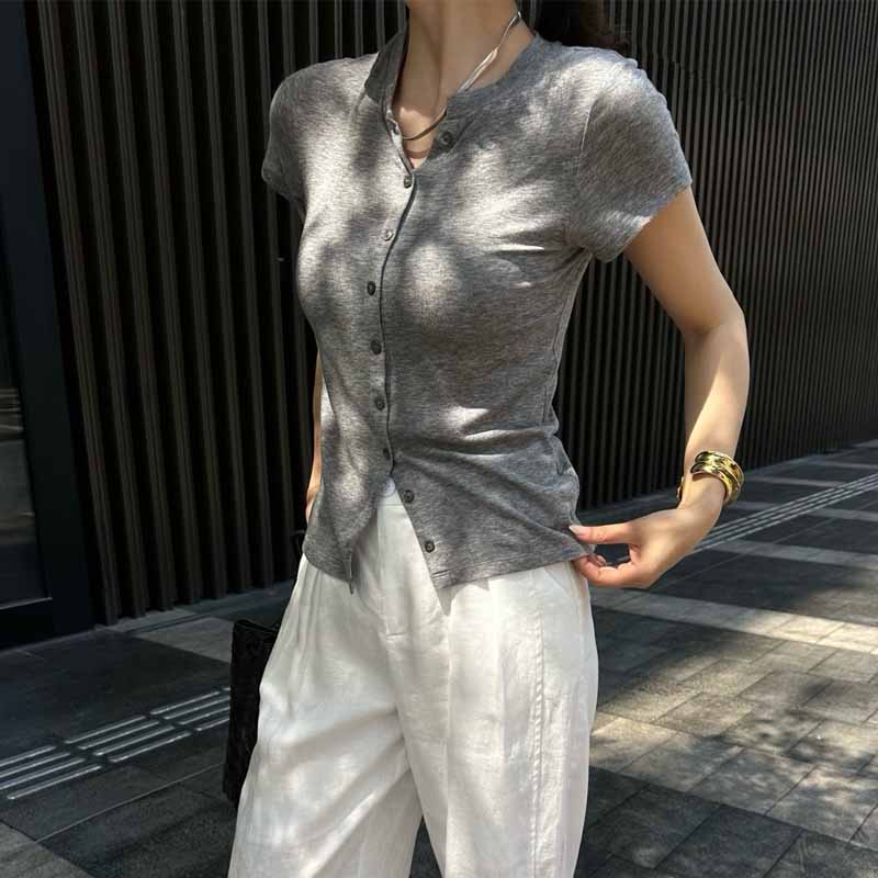 天丝羊毛贝壳扣高弹短袖T恤女款 2025新款时尚百搭修身显瘦上衣女