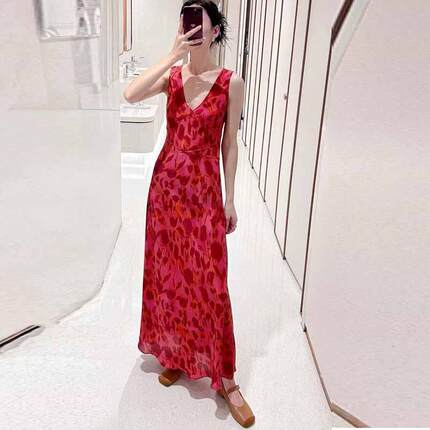 爆款100%桑蚕丝斜裁高贵女装连衣裙 法式印花深V领裙子吊带连衣裙