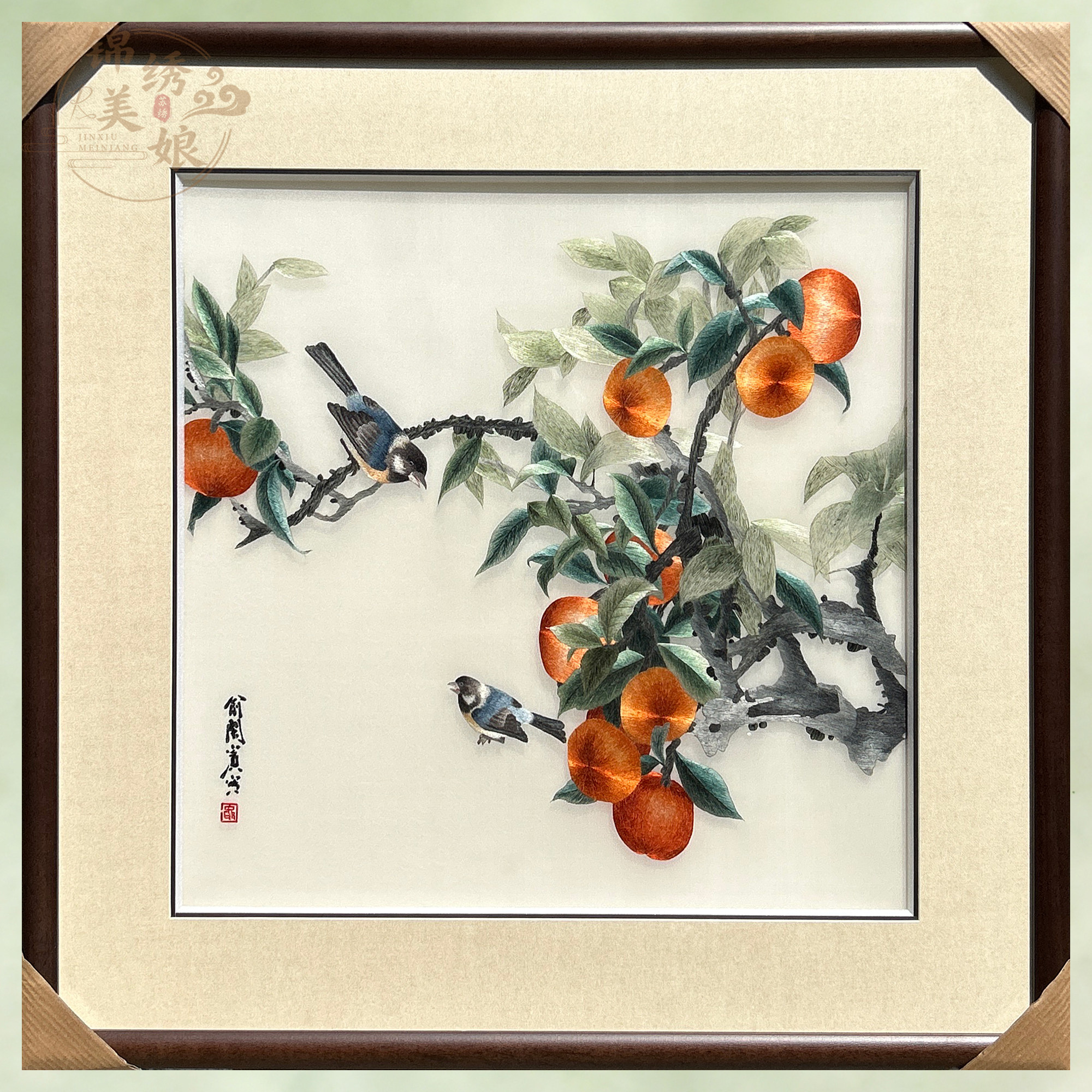 纯手工非遗刺绣柿子花鸟4丝精品苏绣客厅餐厅背景墙壁画事事如意