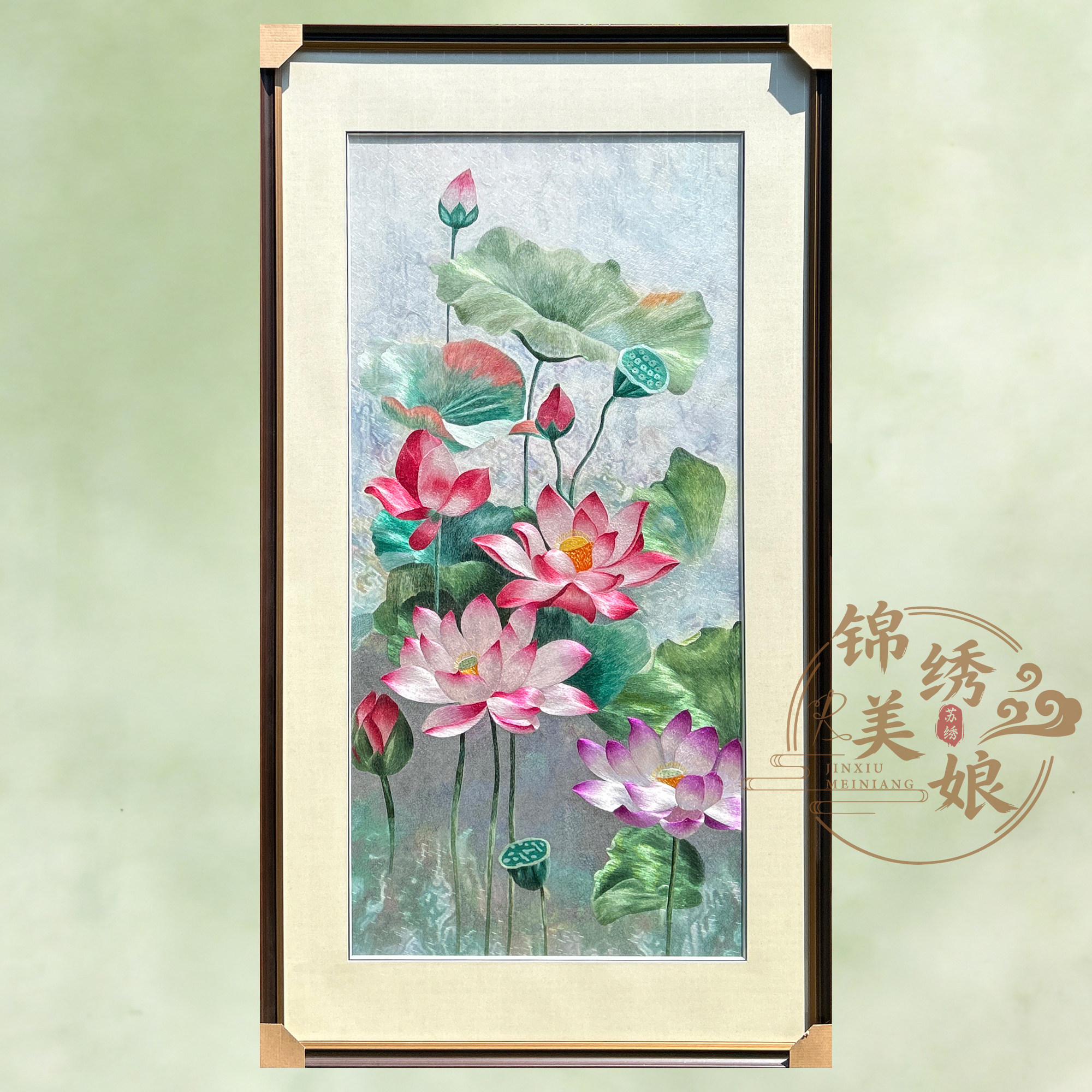 非遗纯手工刺绣成品荷花清雅装饰画卧室客厅玄关背景墙苏绣简约风