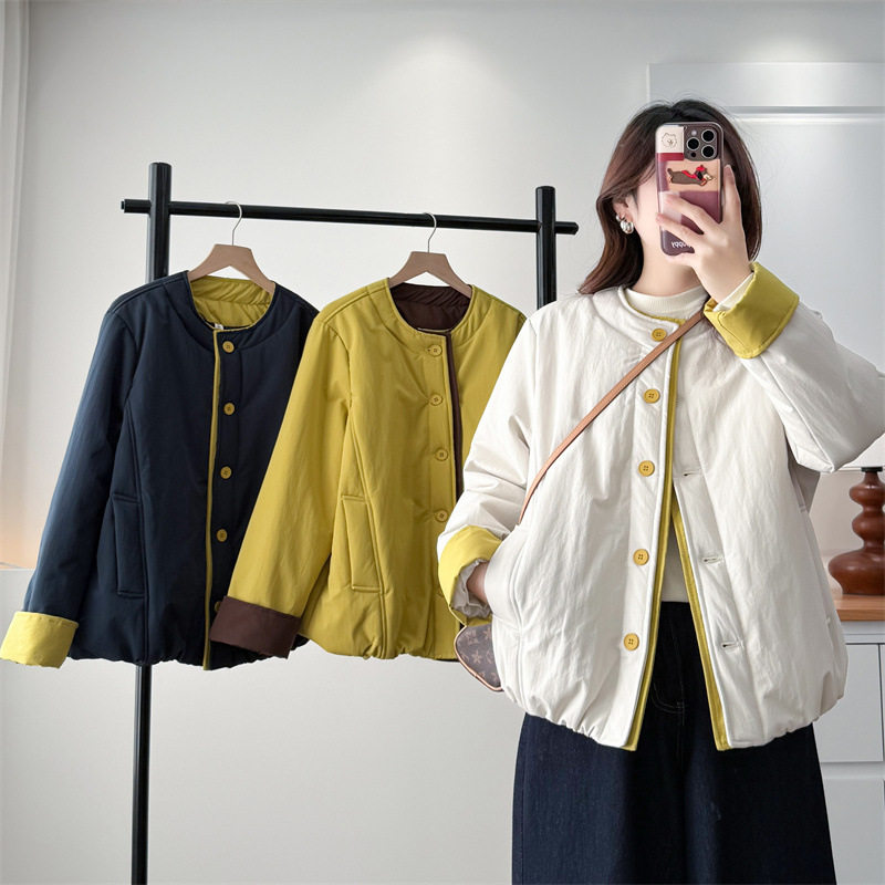 秋大码撞色棉服女装圆领胖妹棉衣