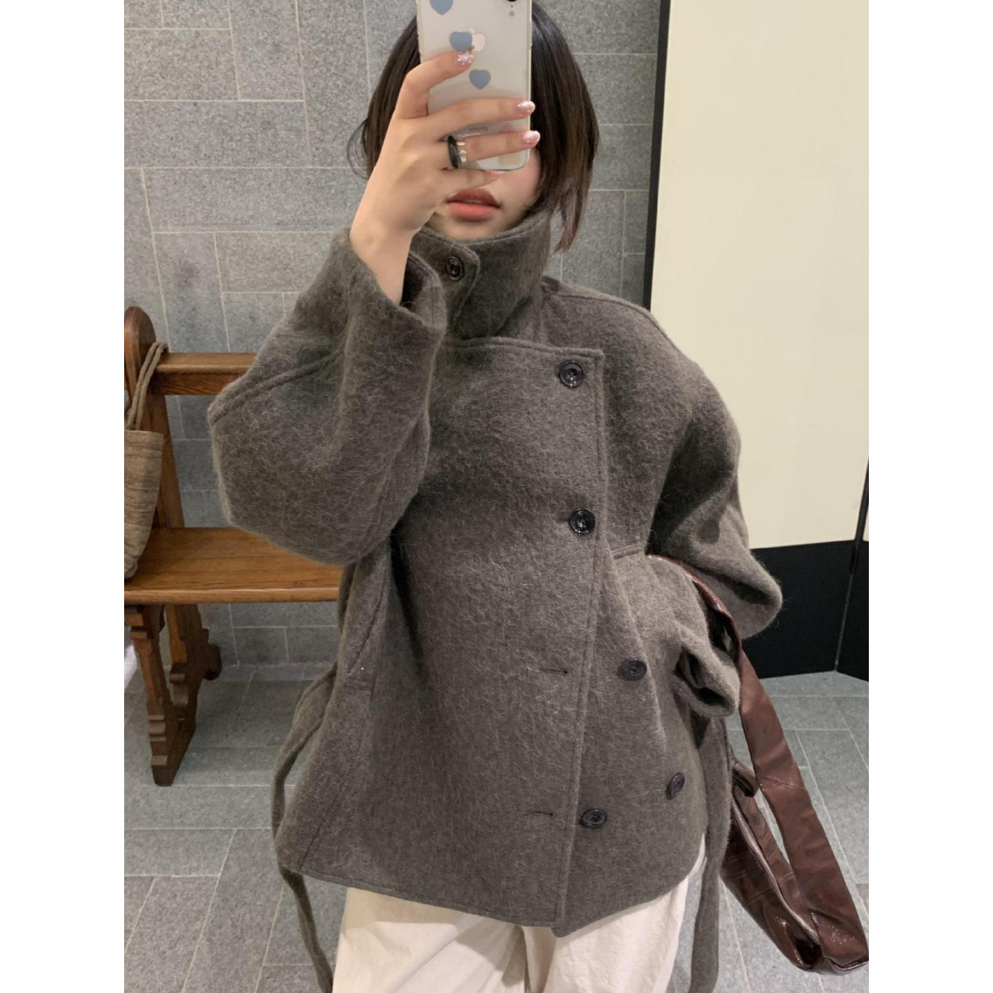 老钱风翻领毛短款呢大衣系带浴袍