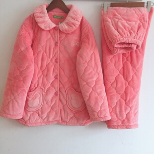 康妮雅秋冬季三层中厚夹棉家居服睡衣纯色法兰绒宝宝绒女款套装