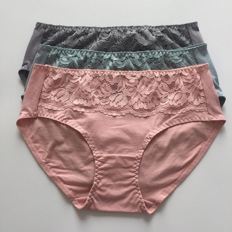 康妮雅家居服睡衣棉+莱卡中高腰蕾丝舒适平角女内裤050B21001(2条