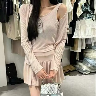 甜美防晒假两件连帽上衣+百褶裙套装女2026夏季薄款长袖两件套装