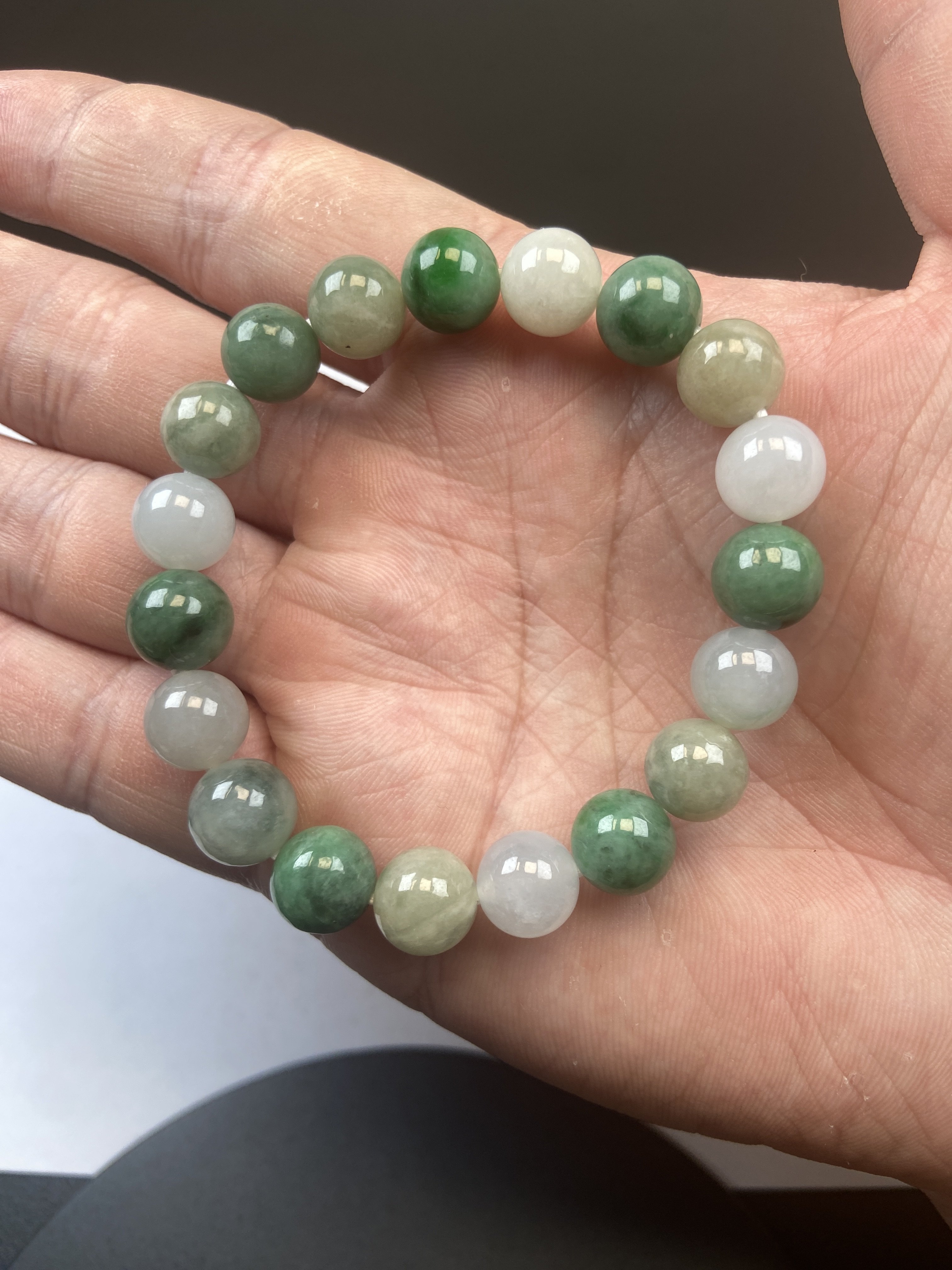 糯种多彩翡翠圆珠手串  天然缅甸A货翡翠天然A货冰种绿白