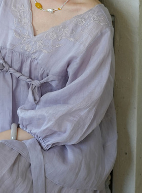 汉服套装女高级感 清冷感纯苎麻雾紫色刺绣上衣半裙吊带三件套