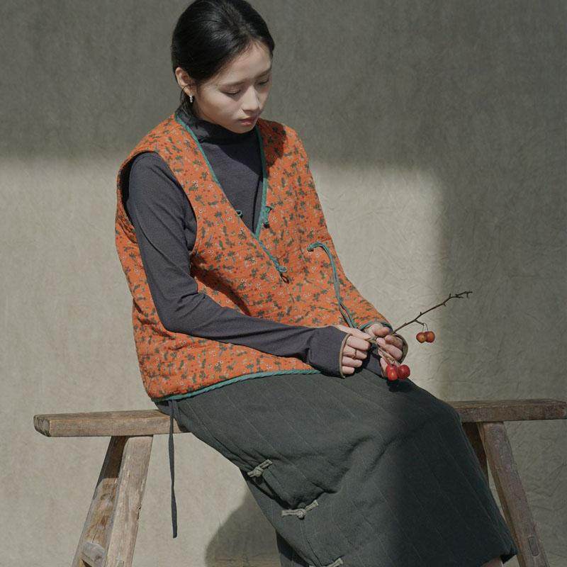 原创民国风纯棉印花加厚盘扣马甲中国风复古碎花斜襟夹棉系带背心