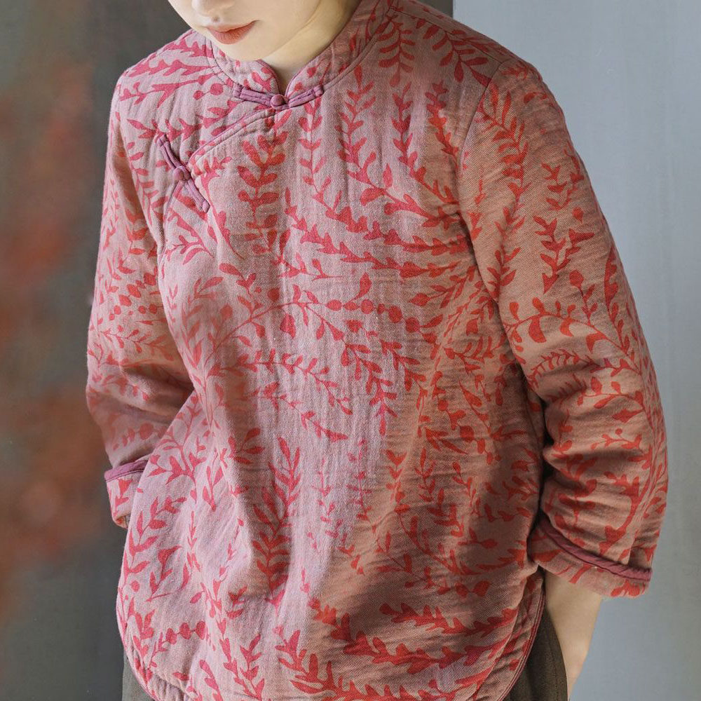 轻中式纯棉印花斜襟夹棉衬衫女复古文艺立领禅意茶服宽松做旧棉衣