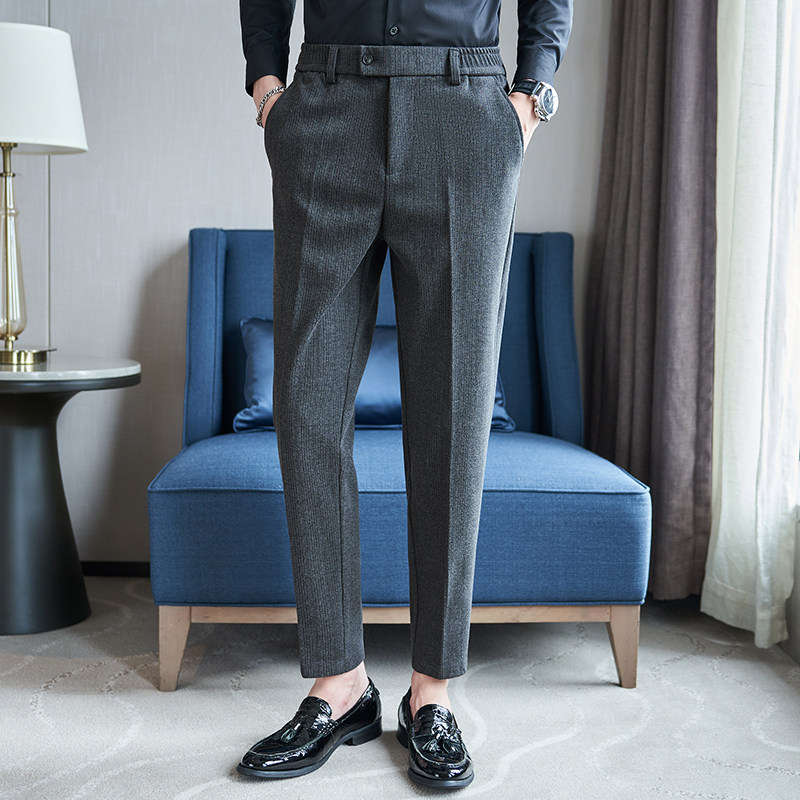 秋冬季毛呢西裤男士商务修身休闲裤潮流九分西装裤正装呢子长裤子