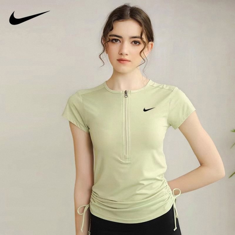 nike耐克运动短袖T恤女半拉链收腰显瘦速干透气瑜伽健身训练上衣