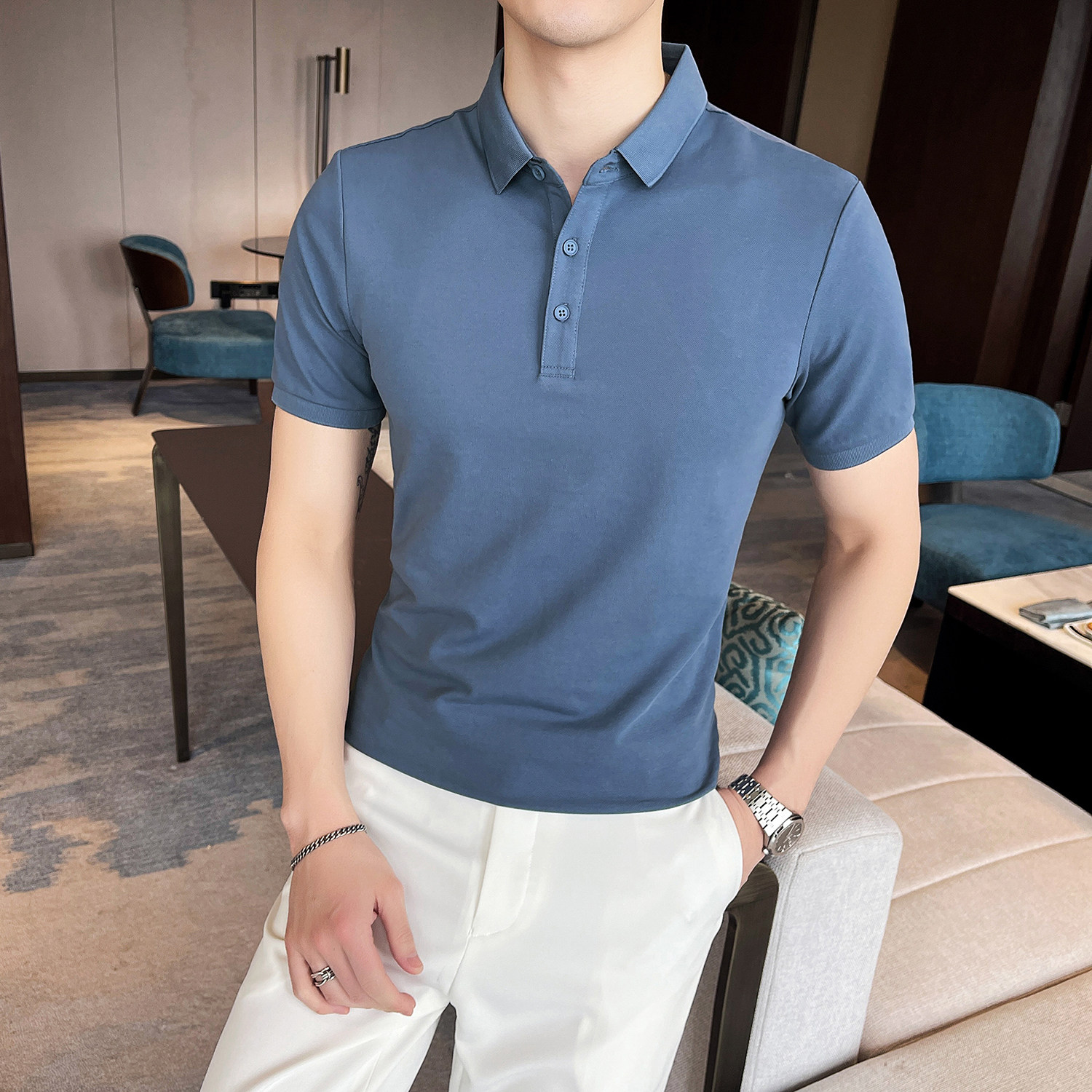 夏季修身短袖POLO衫休闲翻领T恤潮流型男蓝色Y02-P45，男装T恤，电商A159