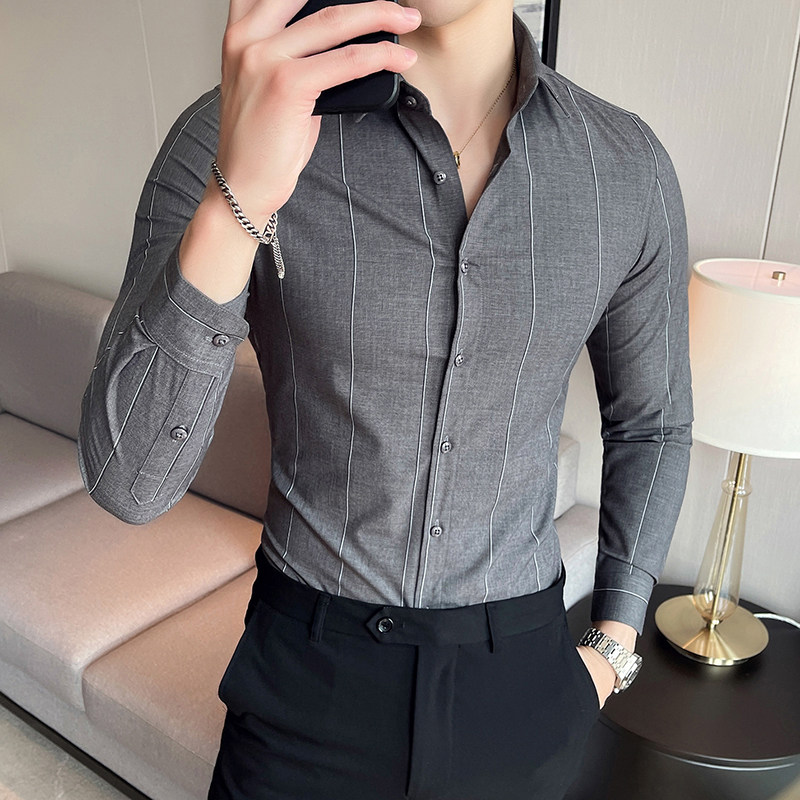 春秋男士商务修身长袖衬衫免烫抗皱条纹衬衫灰色Y25-P35特批,男装衬衫,电商A159