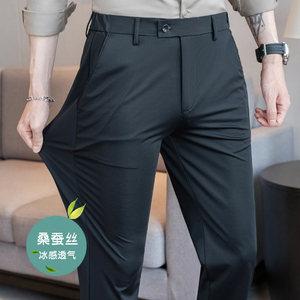 春夏修身高弹西裤冰丝9分裤弹力腰黑色K516-P68（108）图片