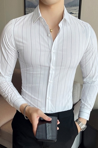 春秋男士商务修身条纹衬衫  免烫抗皱长袖衬衫 特批Y26-P35灰色图片