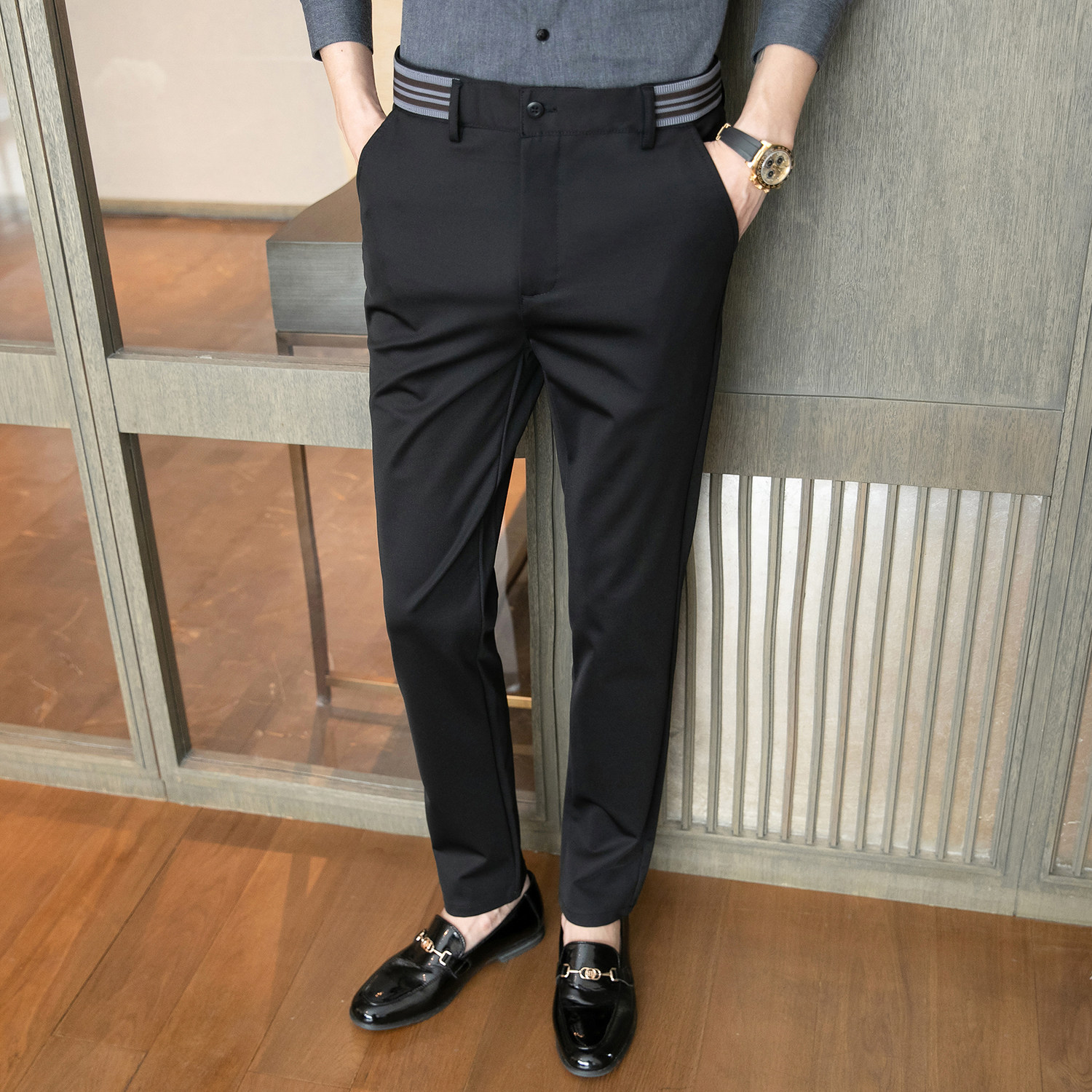 冰丝裤春夏韩版修身西裤男休闲裤青年潮K8021P40特批黑色,男装西裤,电商A159