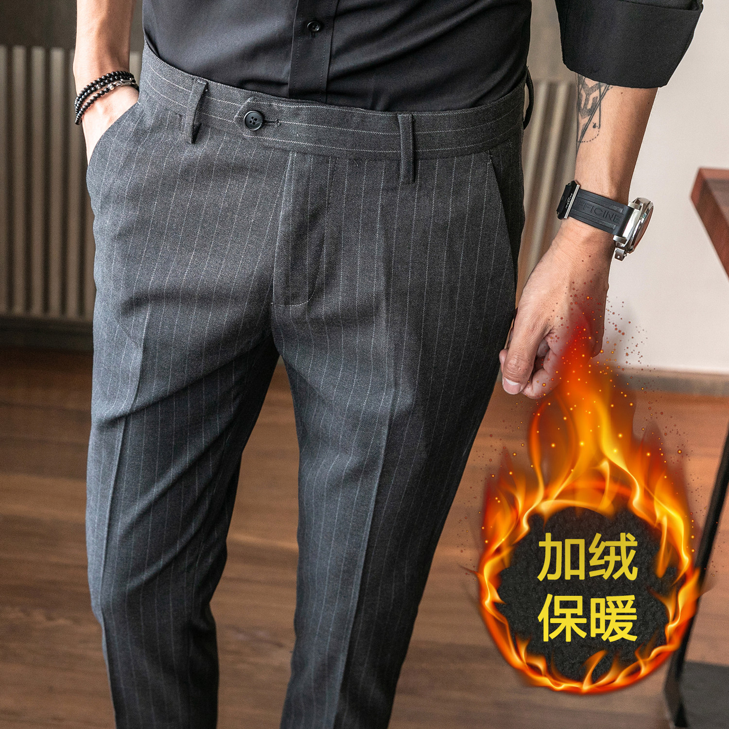 冬款薄绒西裤条纹修身休闲裤男裤 K909加绒-P75灰色（118）图片