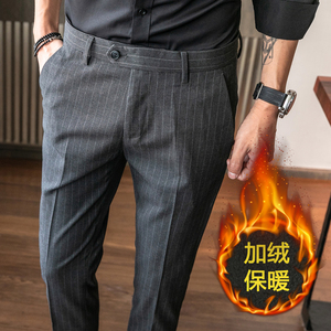 冬款薄绒西裤条纹修身休闲裤男裤 K909加绒-P75灰色（118）图片