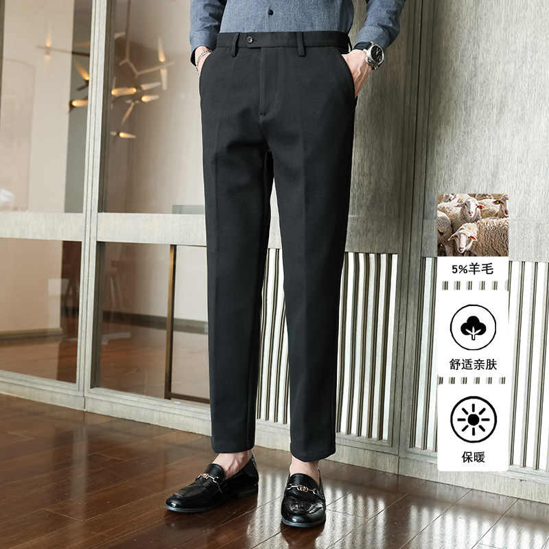 冬款羊毛毛呢西裤磨毛修身休闲裤黑色K8092-P80柏悦风(138）,男装休闲裤,电商A159
