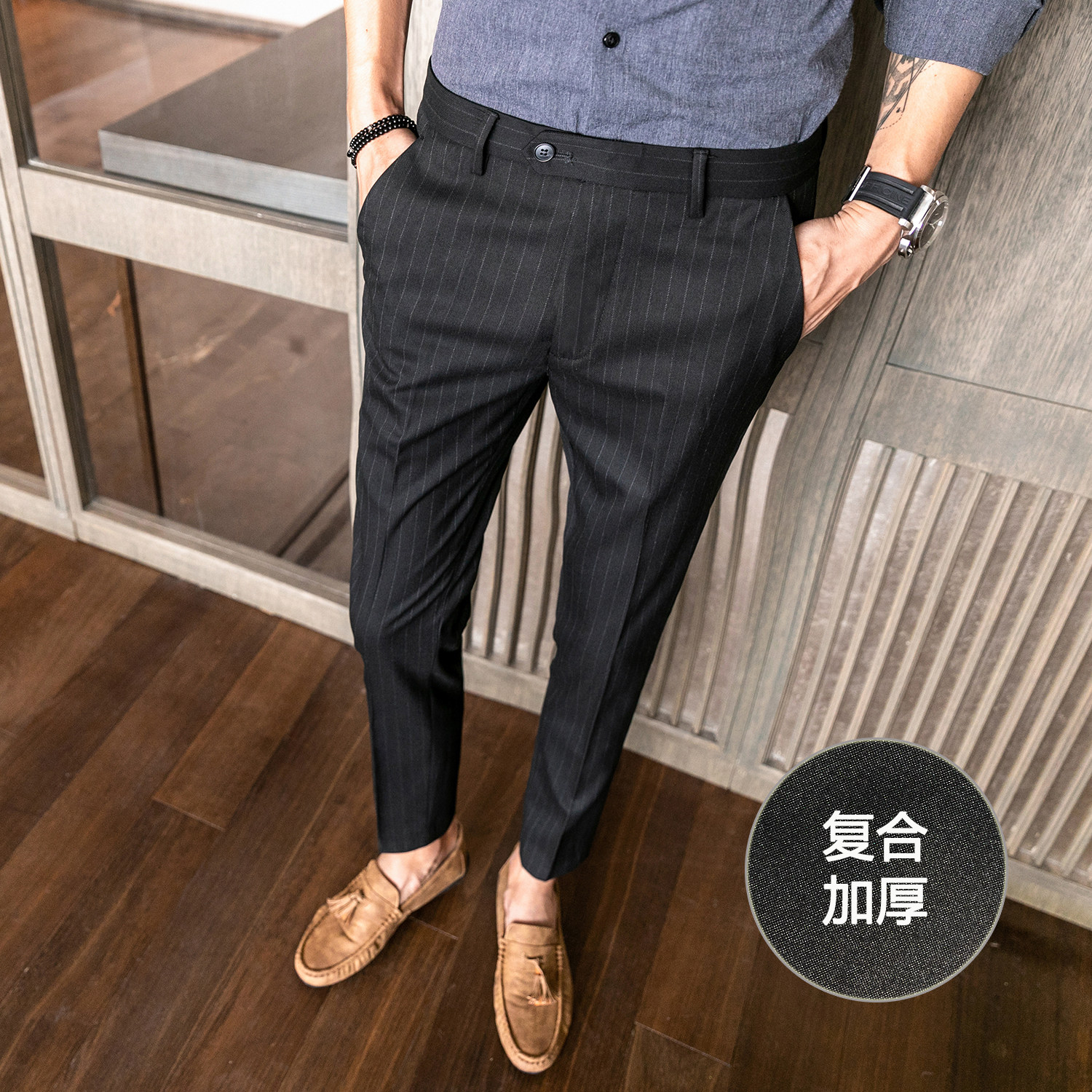 冬款复合加厚条纹西裤 修身休闲裤 K909加厚-P70黑色（118）图片
