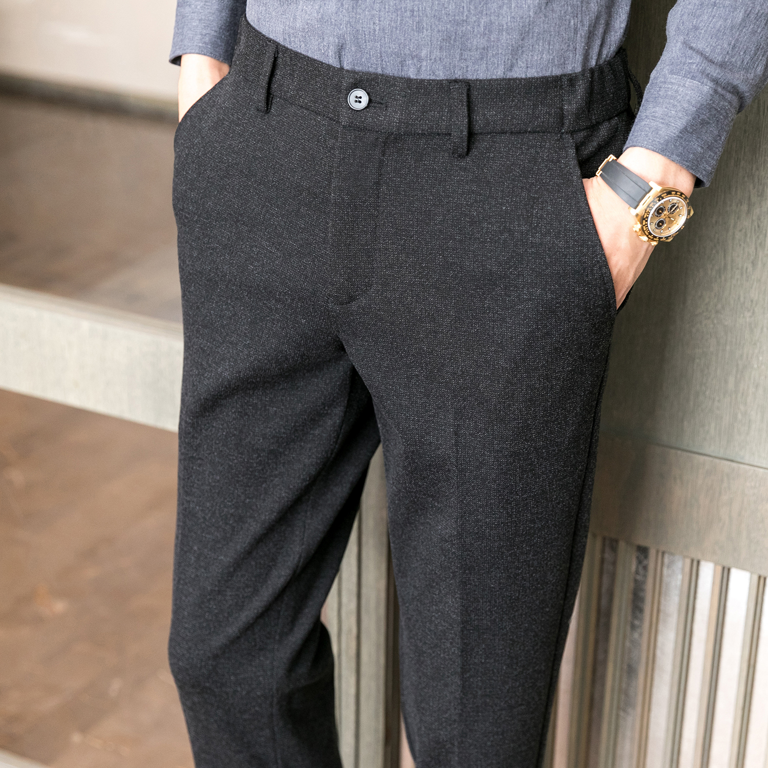 Winter thick semi elastic waist casual pants, brushed men's pants