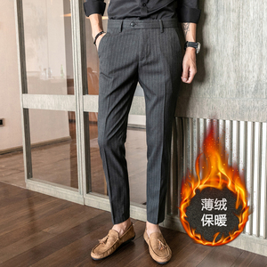 K909加绒-P75 英伦风条纹加绒西裤修身休闲裤男 黑色（118）图片