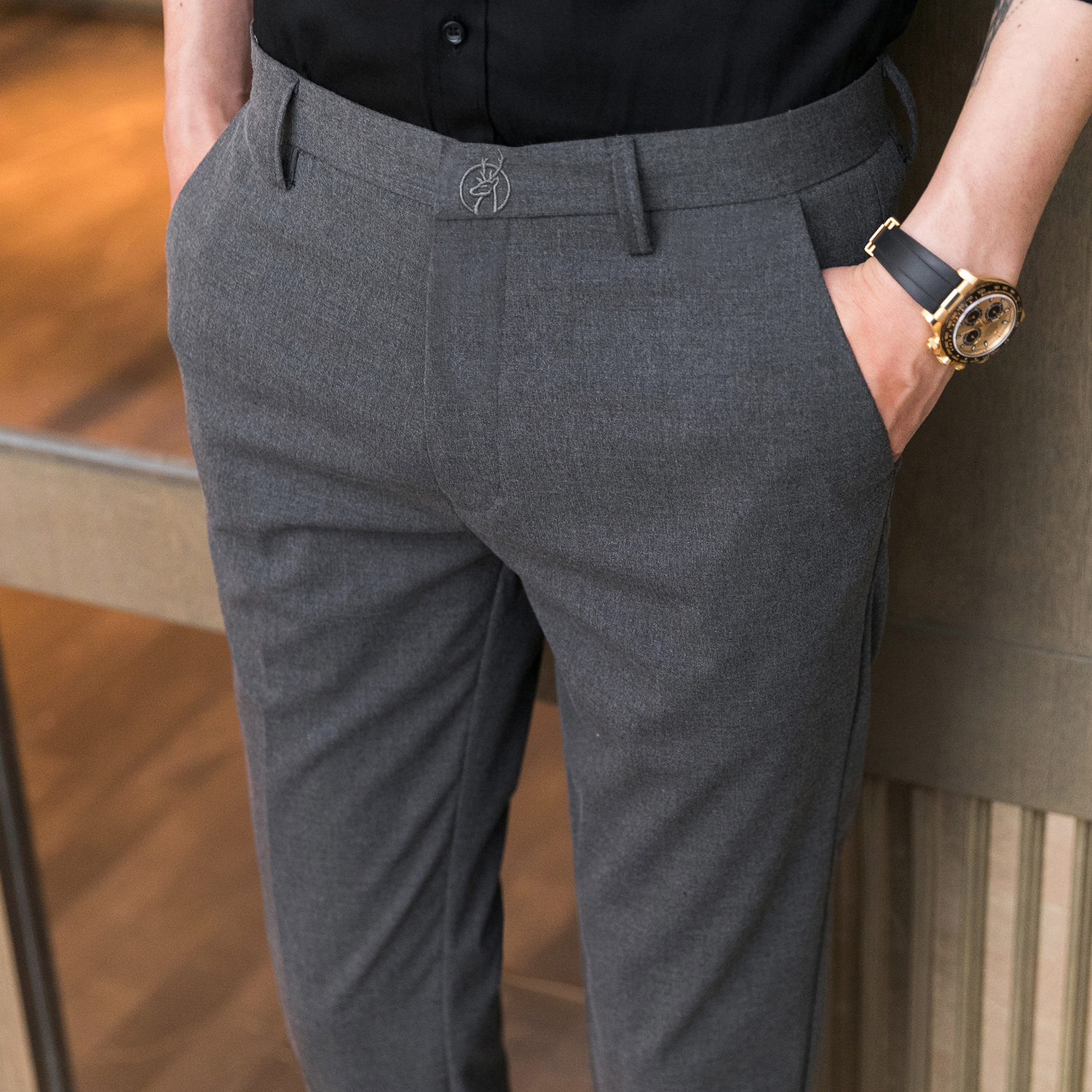 春夏韩版修身休闲裤个性刺绣9分裤男裤中灰K726-P50（控价88），男装休闲裤，电商A159