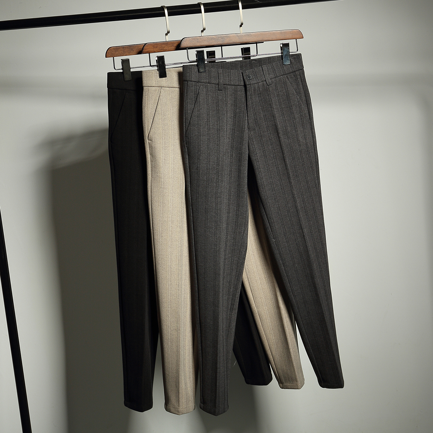 Winter dark wide stripe woolen casual pants for men