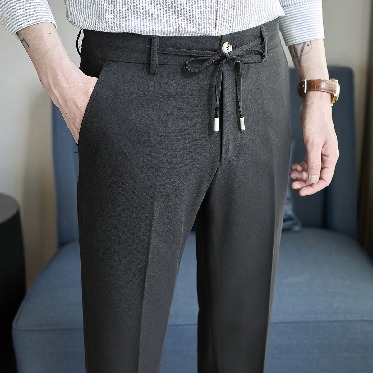 春夏小直筒西裤9分裤男配系绳简约休闲ZK537-P65黑色（98），男装西裤，电商A159