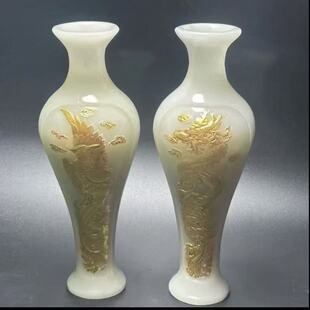 仿玉石花瓶摆件家用玄关夜光白玉描金龙凤花瓶实心不能插花高20CM