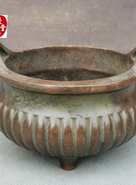 古玩收藏老包浆纯铜猫耳大明宣德底款铜香炉铜摆件