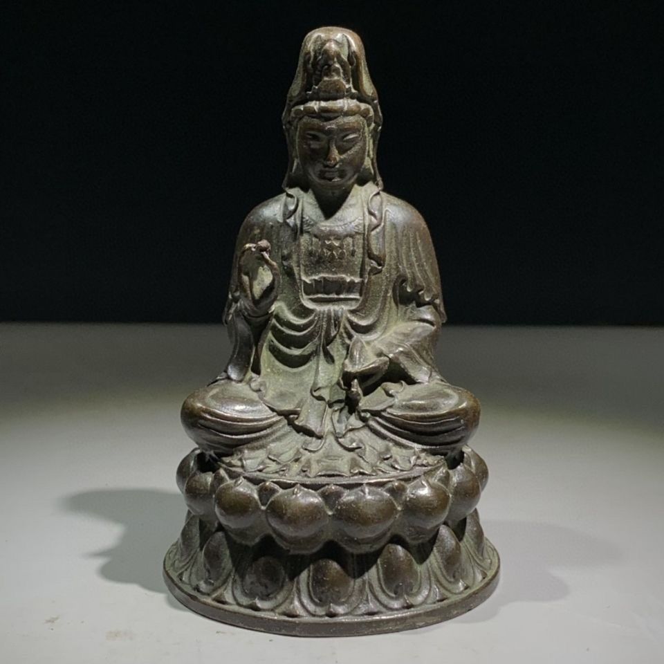 乡下收来老铜净瓶观音佛像观音坐莲观世音菩萨老铜像客厅装饰摆件
