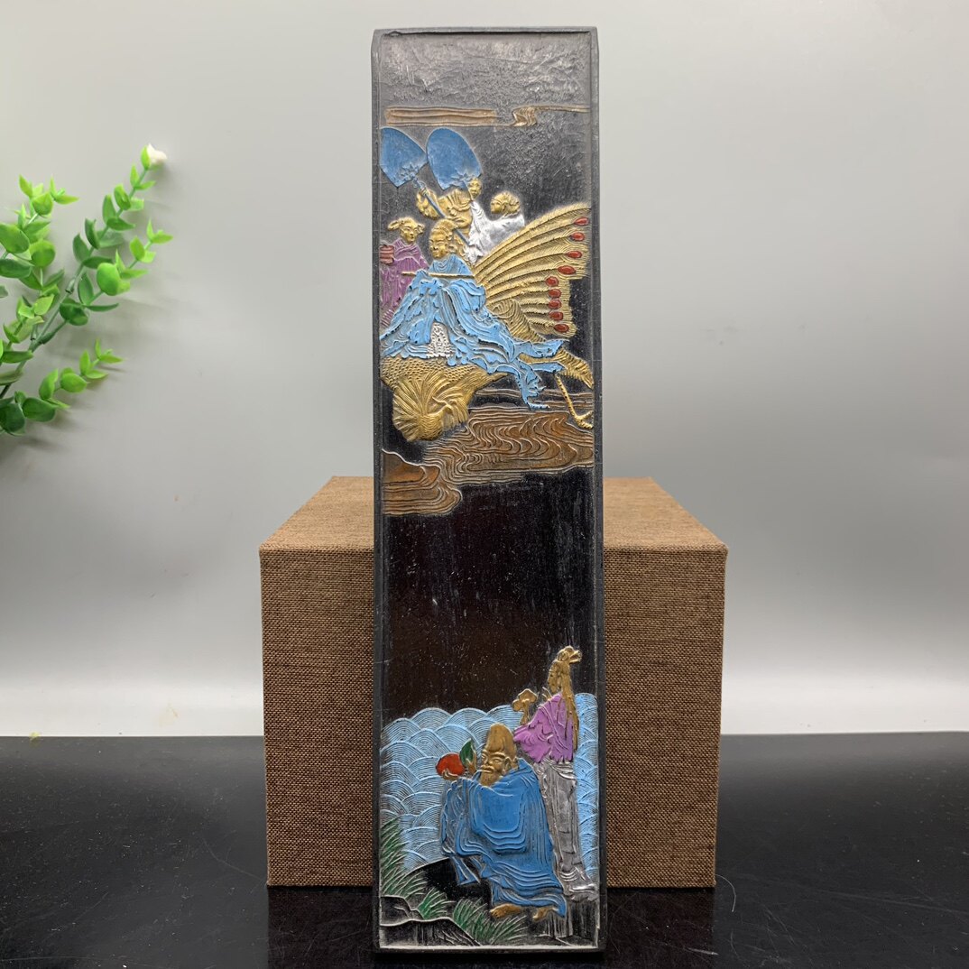 古董古玩杂项收藏仿古黑墨块墨锭 描金彩绘献寿图家居摆件新品
