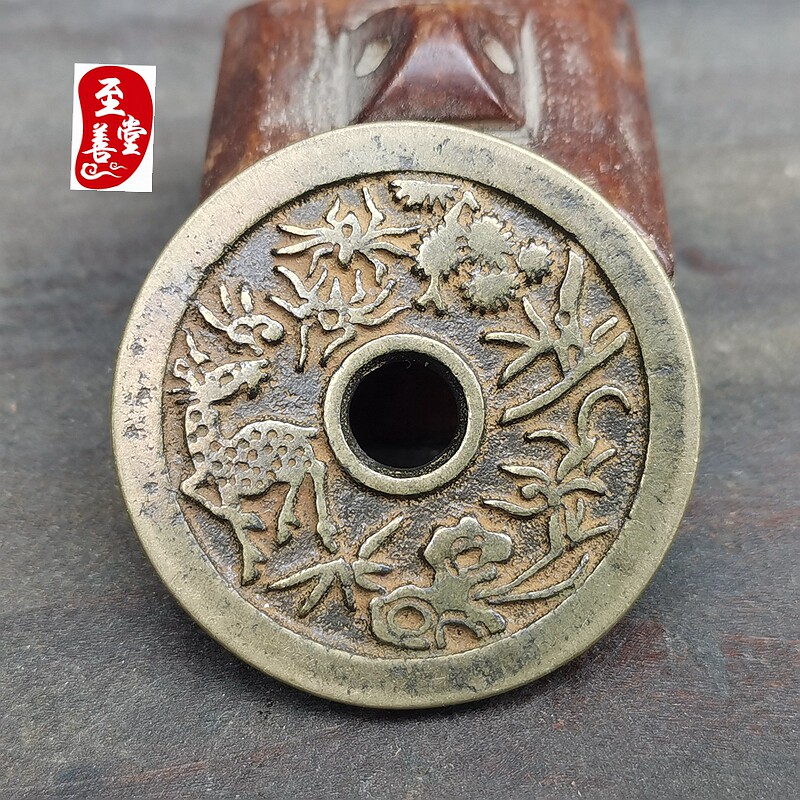 古玩收藏仿古老包浆福禄寿铜钱铜花钱直径46mm寿桃