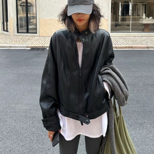 韩版短款PU皮皮夹克
