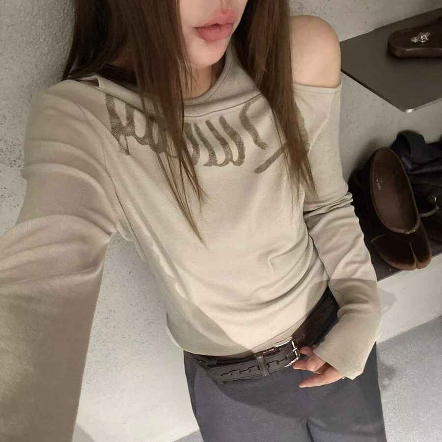 长袖韩版字母露肩棉女