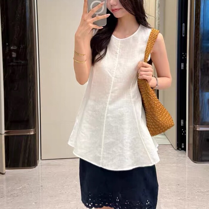 摩登MDENG无袖亚麻衬衫背心女2026年夏季收腰A版无袖上衣打底衫潮