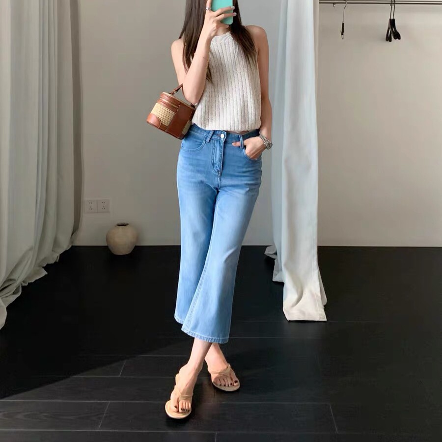 MINGXI明熙夏季新款韩版四面弹休闲穿搭牛仔七分微喇裤女显瘦裤子