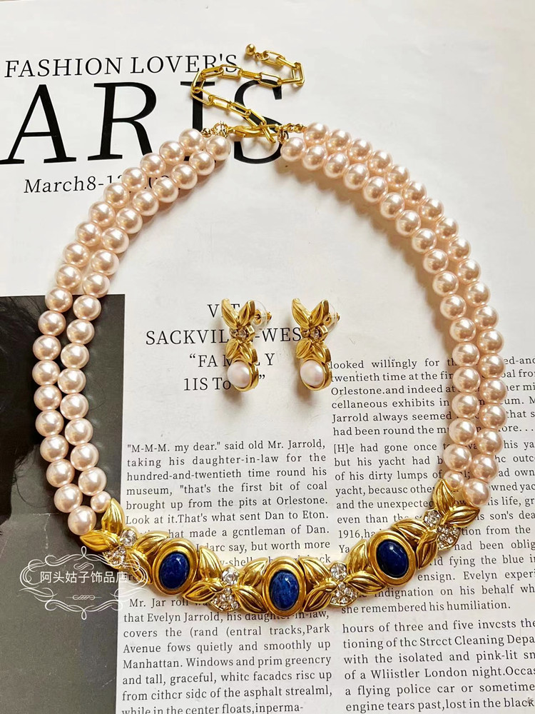 欧美宫廷中古风vintage复古气质树叶粉色珍珠双层短款项链耳环女图片