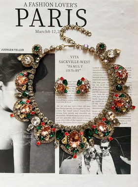 欧美宫廷风中古vintage复古做旧重工彩色闪钻金属短款项链耳环女