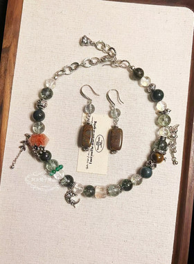 新中式vintage复古气质绿幽灵水晶天然石串珠流苏项链手链耳环女