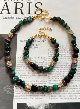 欧美宫廷中古vintage复古气质绿色玛瑙天然石串珠短款项链手链女