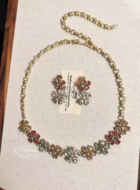 欧美宫廷中古vintage复古气质彩色水晶锆闪钻花朵项链耳环套装女
