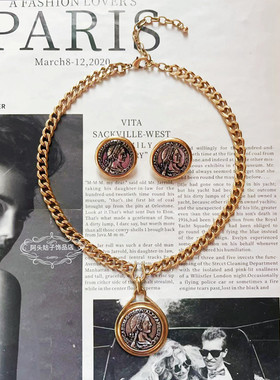 欧美风中古vintage复古气质圆形罗马古币女神金属短款项链耳环女