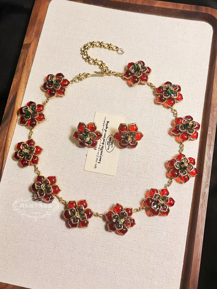 欧美宫廷风中古vintage复古气质红色果冻琉璃花朵项链耳环戒指女图片