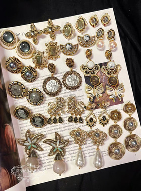 欧美宫廷风中古vintage复古铜镀金灰色琉璃珍珠天然石耳环耳饰女