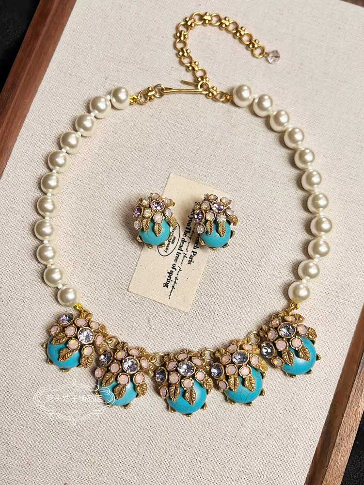 欧美宫廷风中古vintage复古气质铜镀金做旧蓝松石耳环珍珠项链女