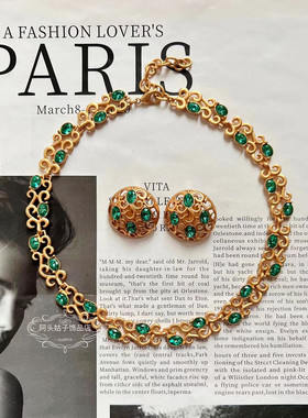 欧美中古风绿色莱茵石项链耳夹女